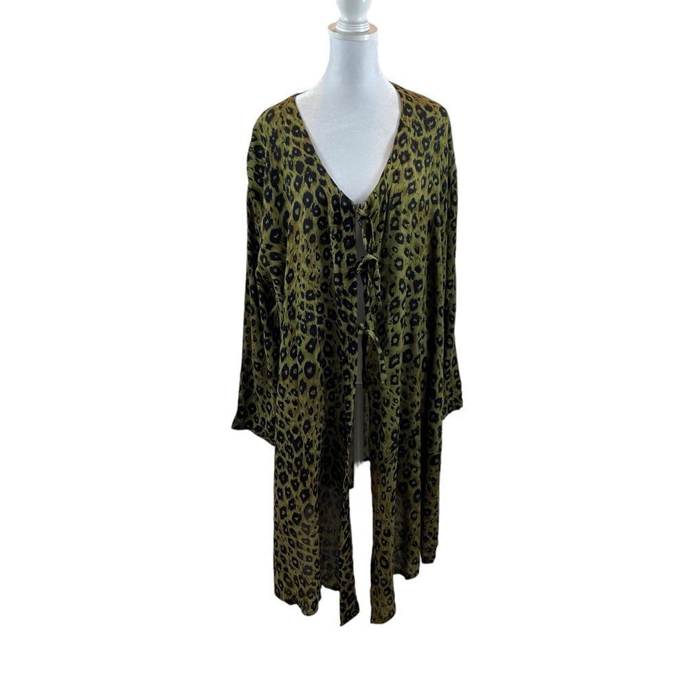 Chantik Brand Tie Front Green Leopard Print Long Sleeve Duster Top Size XL‎